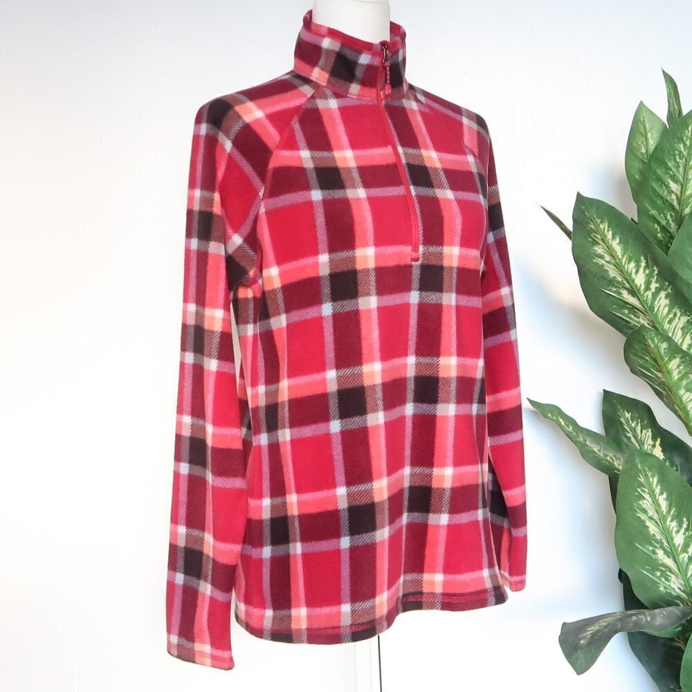 Eddie Bauer Red Plaid Ultra Soft Fleece 1/4 Zip Long Sleeve Pullover Top Medium - Picture 11 of 12